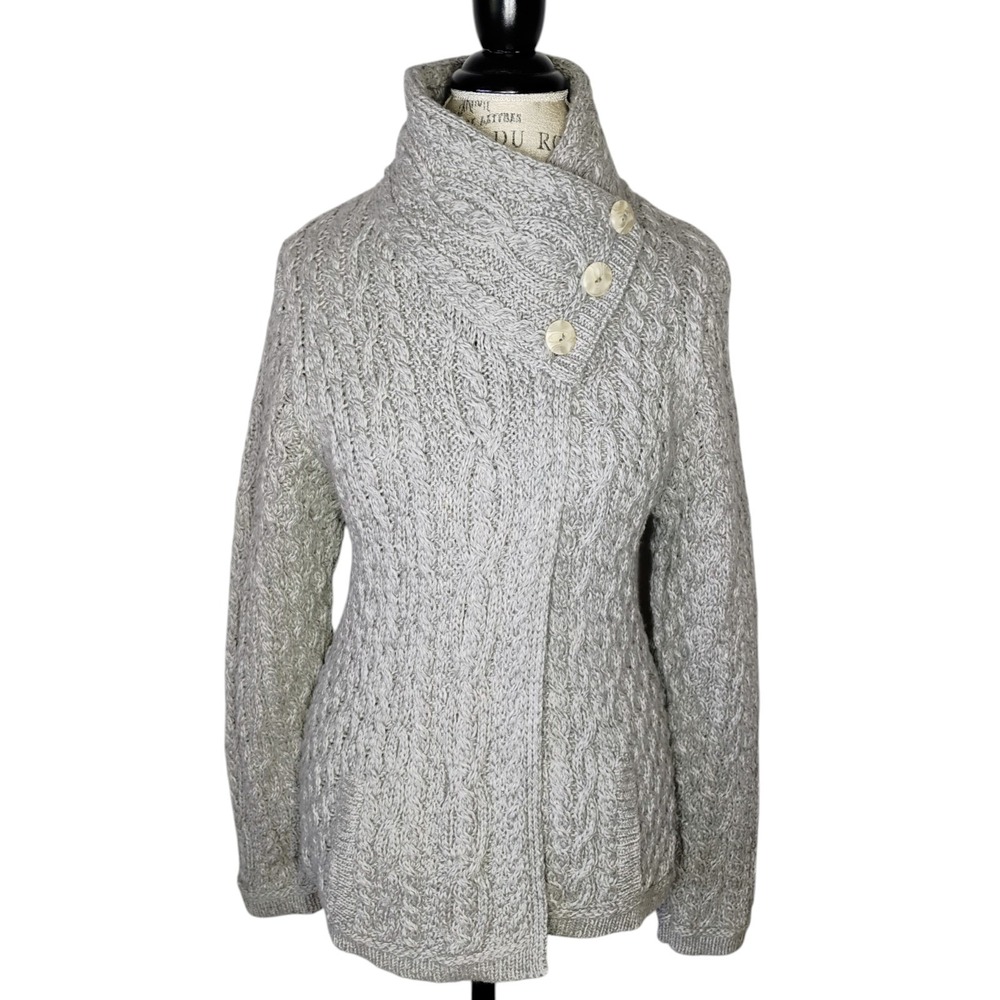 Aran Crafts Cable Knit Cardigan Sweater Merino Wool Ireland Womens Medium Gray